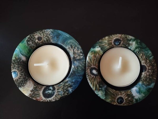 Duo Cardère Lagon – Lot de 2 porte-bougies en cardère et résine bleue/verte