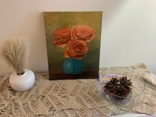 Golden View of Orange Flowers = Original Painting