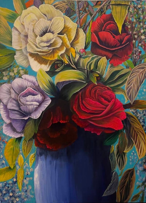 “Best Of Times” 36x48 Original Blue Vase Floral , In Acrylic on Canvas