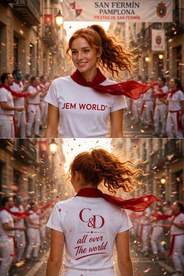 Camiseta fiesta  unisex C&D all over the world texto rojo color blanco