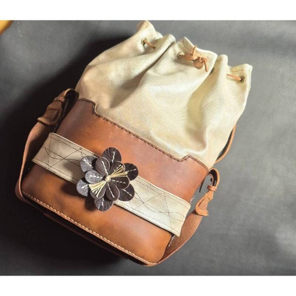 Leder Bucket Bag-Champagner&Braun, Handgenäht, Unikat
