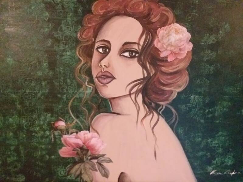 VERDE PEONIA 2023 100X70 CM ACRILICO E COLLAGE DI CARTE DECO SU TELA DI LINO 