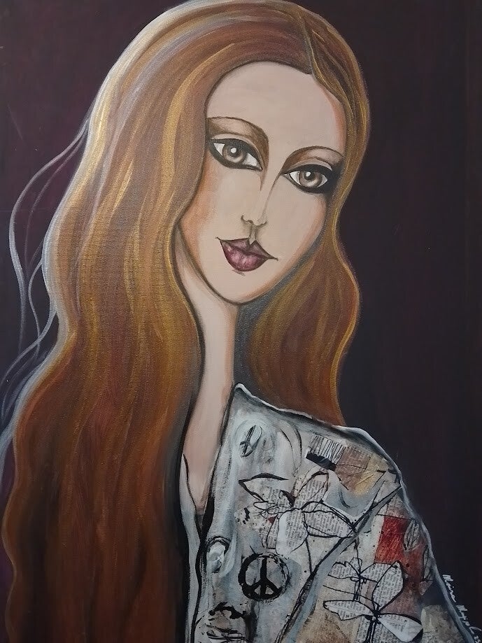 LASCIATEMI IN PACE 2025 90 X 70 CM  ACRILICO E COLLAGE SU TELA DI COTONE , PITTURA, PITTURA ACRILICA , RITRATTO , SIMBOLO DI PACE 