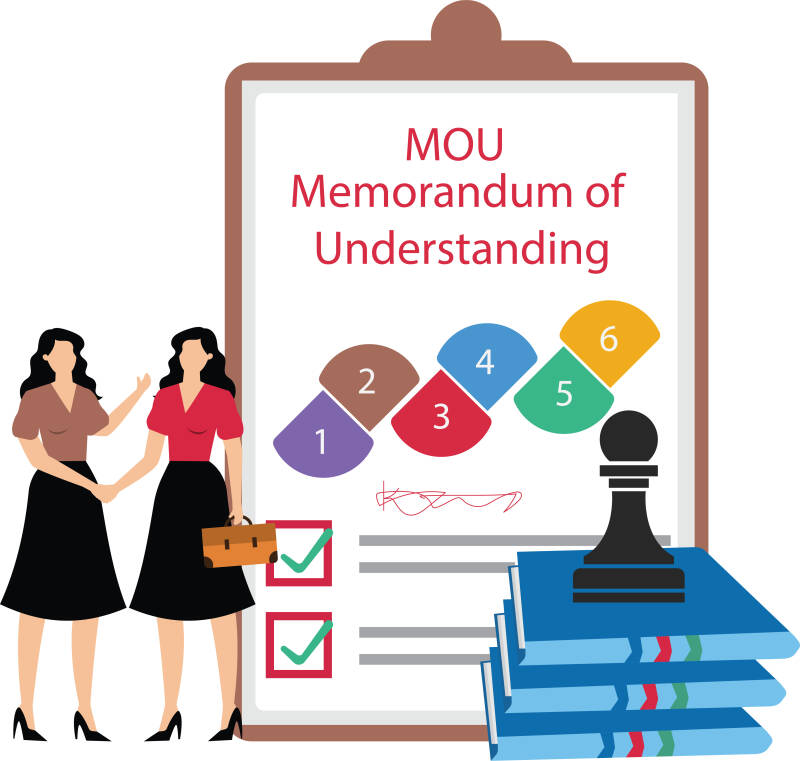 MOU - Memorandum of Understanding sowie zwei Frauen und Stempel auf Aktenstapel