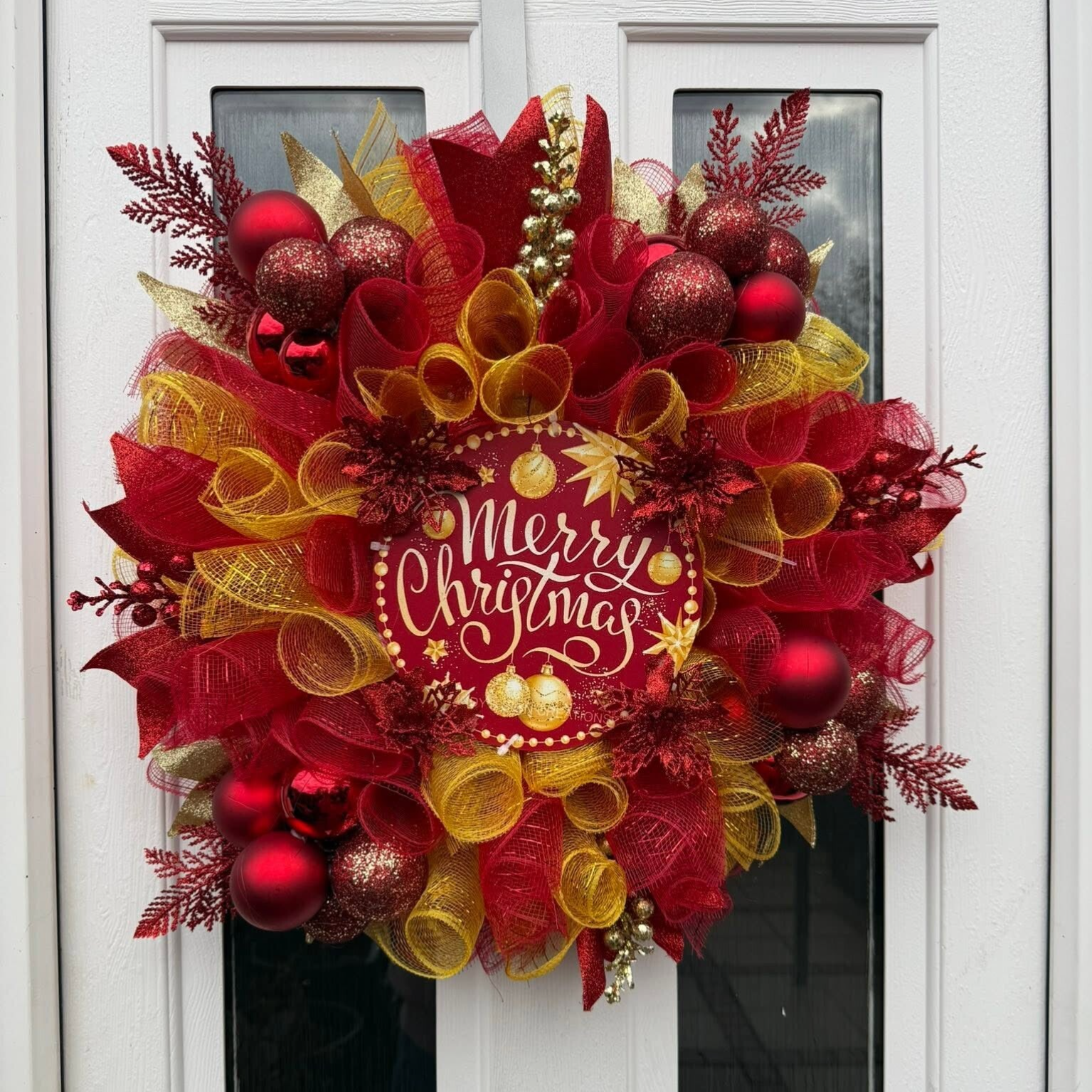 Red & Gold "Merry Christmas" Mesh Door Wreath