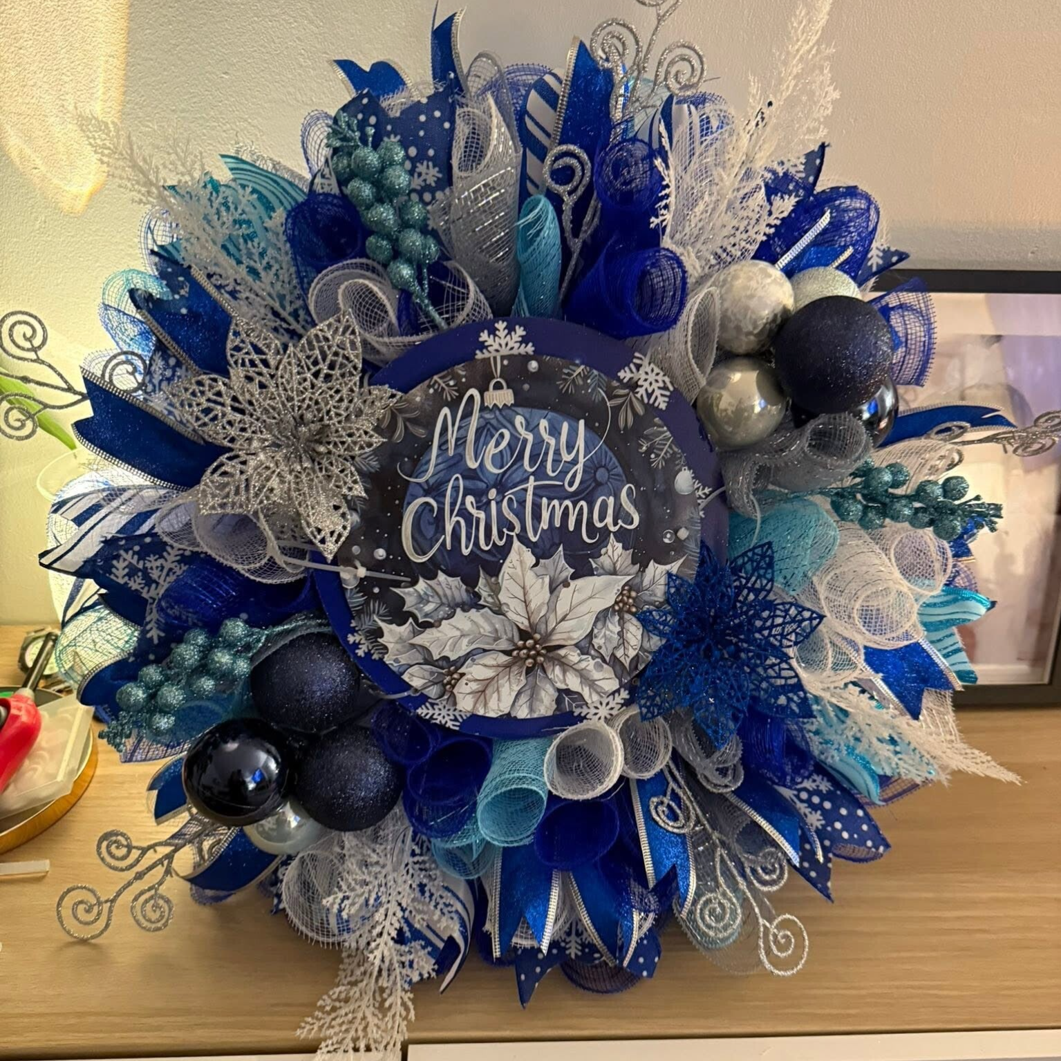Blue & White "Merry Christmas" Mesh Door Wreath