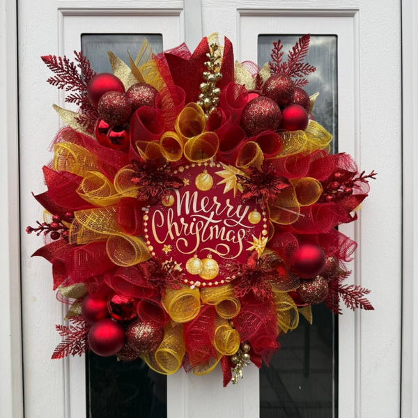 Red & Gold "Merry Christmas" Mesh Door Wreath
