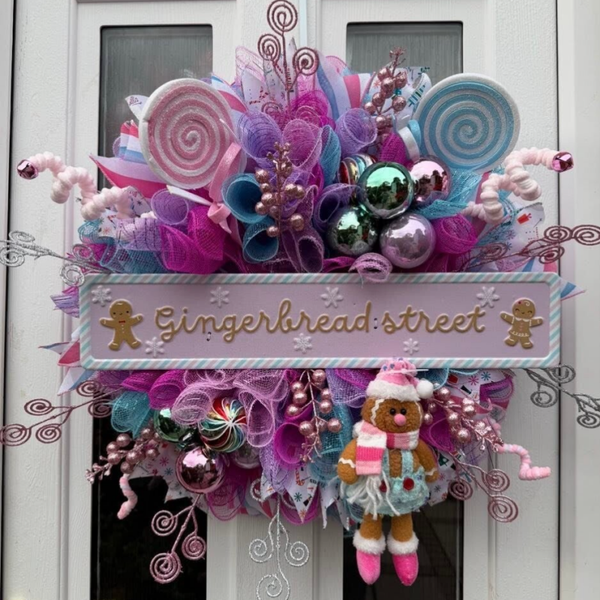 Pastel "Gingerbread Street" Christmas Door Wreath