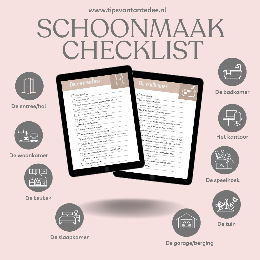 Printbaar - Schoonmaakchecklist voor 9 ruimtes in en om het huis!