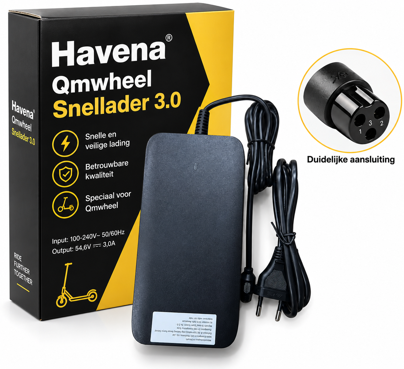 QMWheel Snellader 3.0 – Elektrische fatbike Oplader – 3-Pins Aansluiting – EU Stekker – Zwart