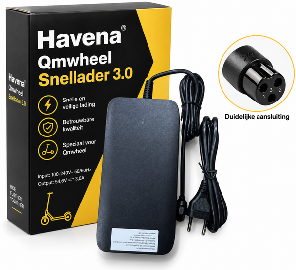 QMWheel Snellader 3.0 – Elektrische fatbike Oplader – 3-Pins Aansluiting – EU Stekker – Zwart
