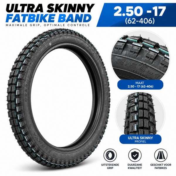 Ultra Skinny Fatbike Buitenband – 2.50-17 (62-406) – Smal Profiel – Fatbike Band – Zwart
