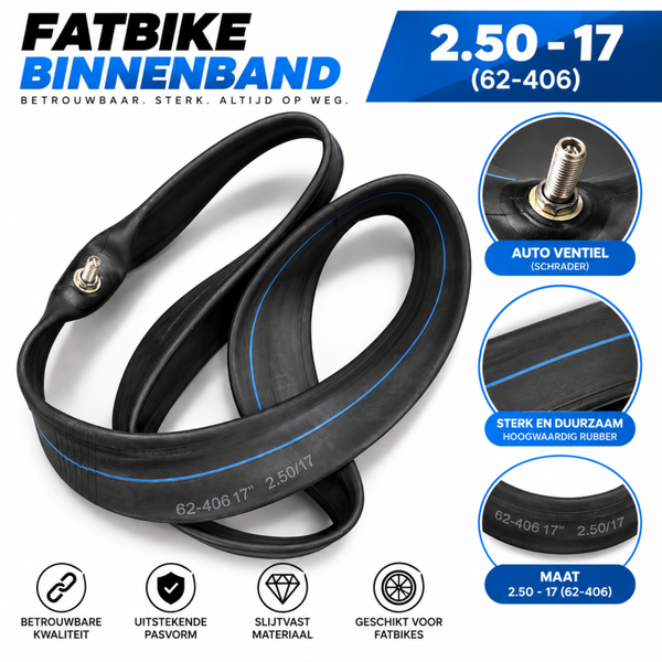 Fatbike Binnenband 2.50-17 (62-406) – Ultra Skinny – Binnenband met Autoventiel – Schrader Ventiel – Zwart