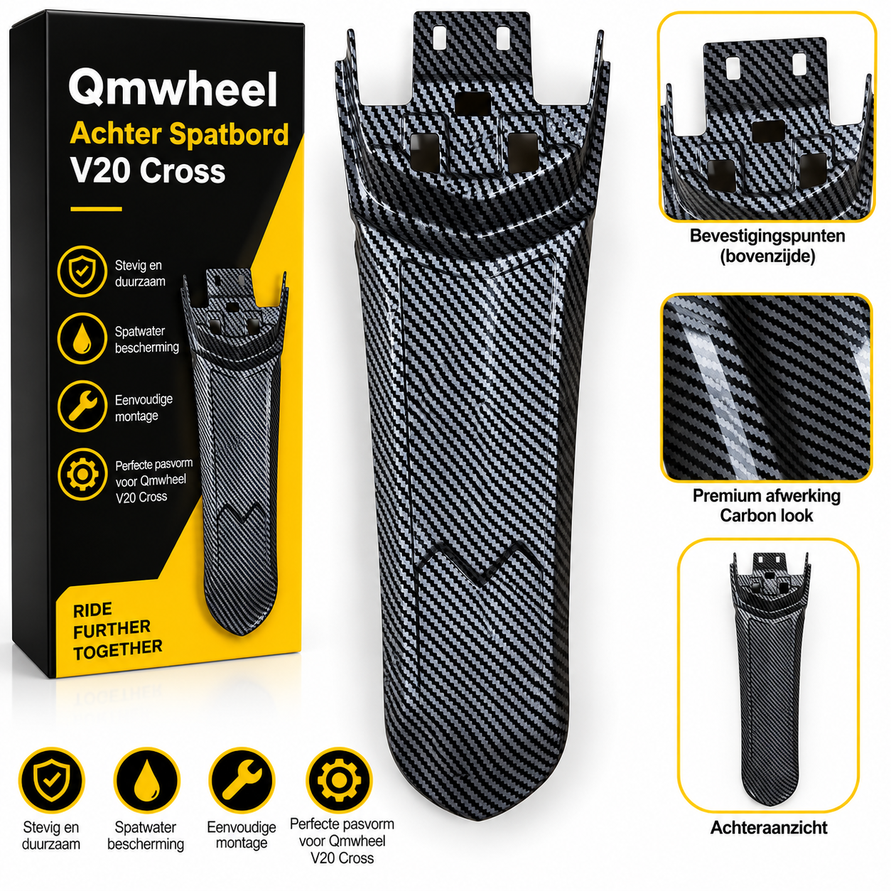 dealer - Achterspatbord voor QmWheel V20 Cross – Carbon Look – Fatbike Spatbord Achter – Vervangend Achterspatbord