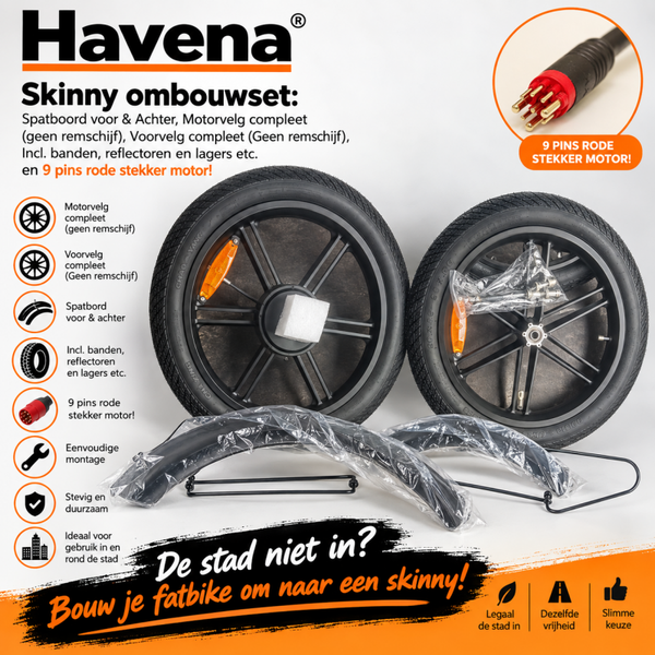 Havena Skinny Ombouwset Fatbike – Complete 20 Inch Wielset met Banden, Spatborden & 9-Pins Motorstekker