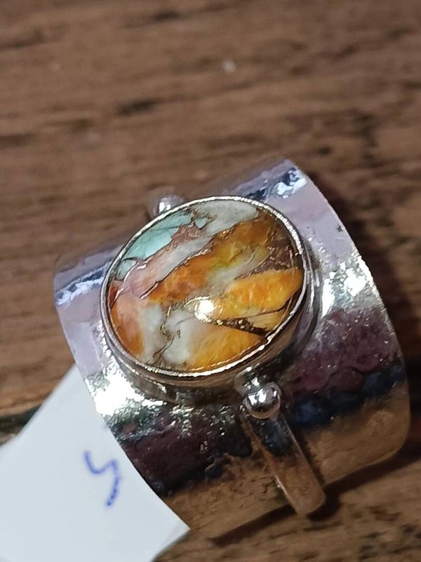 ring oyster copper turquoise, met blauw en geel , zilver 925, brede ring mt.18.5