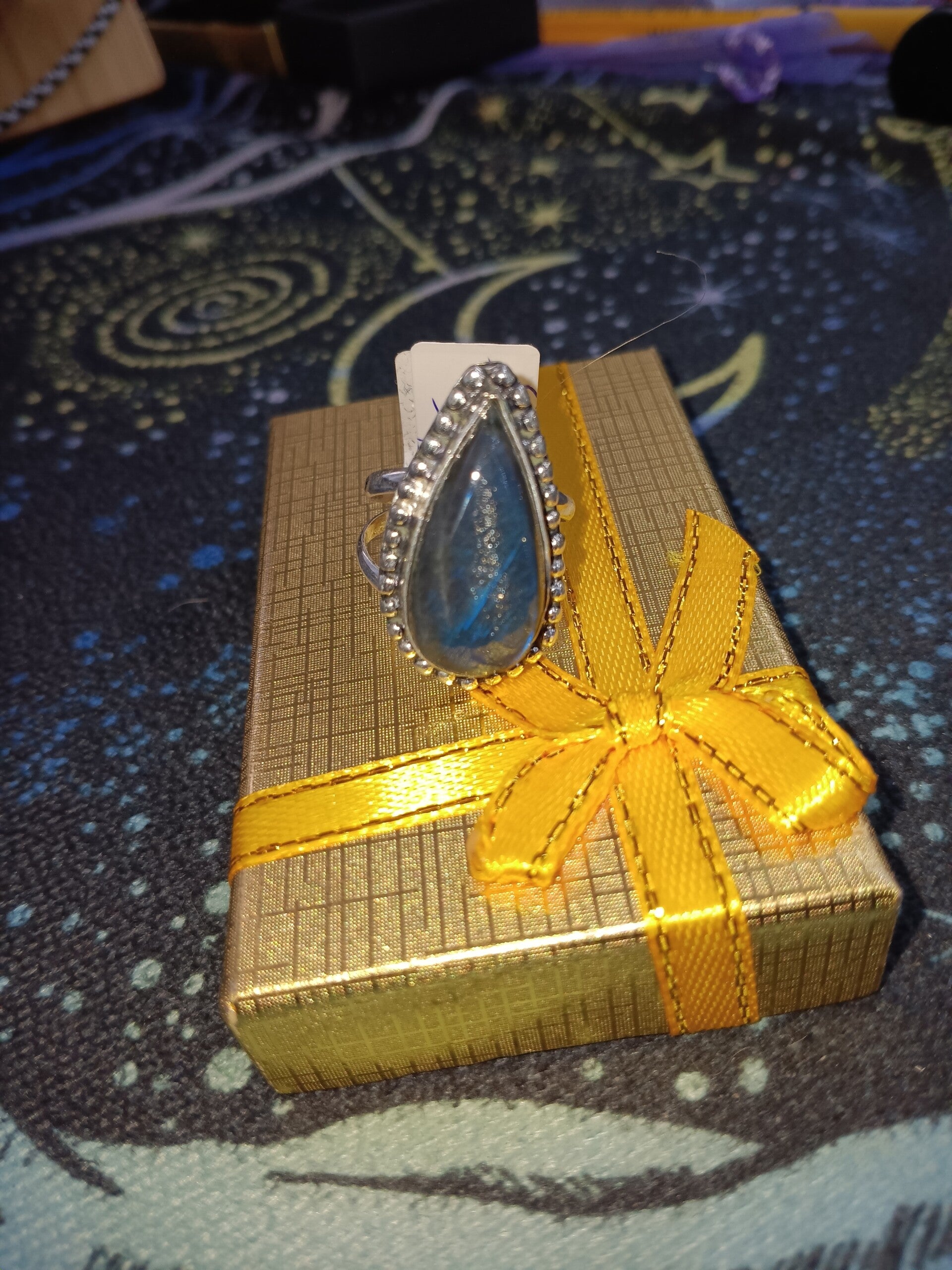 Labradoriet ring druppel, 925 zilver,  mt. 19.5