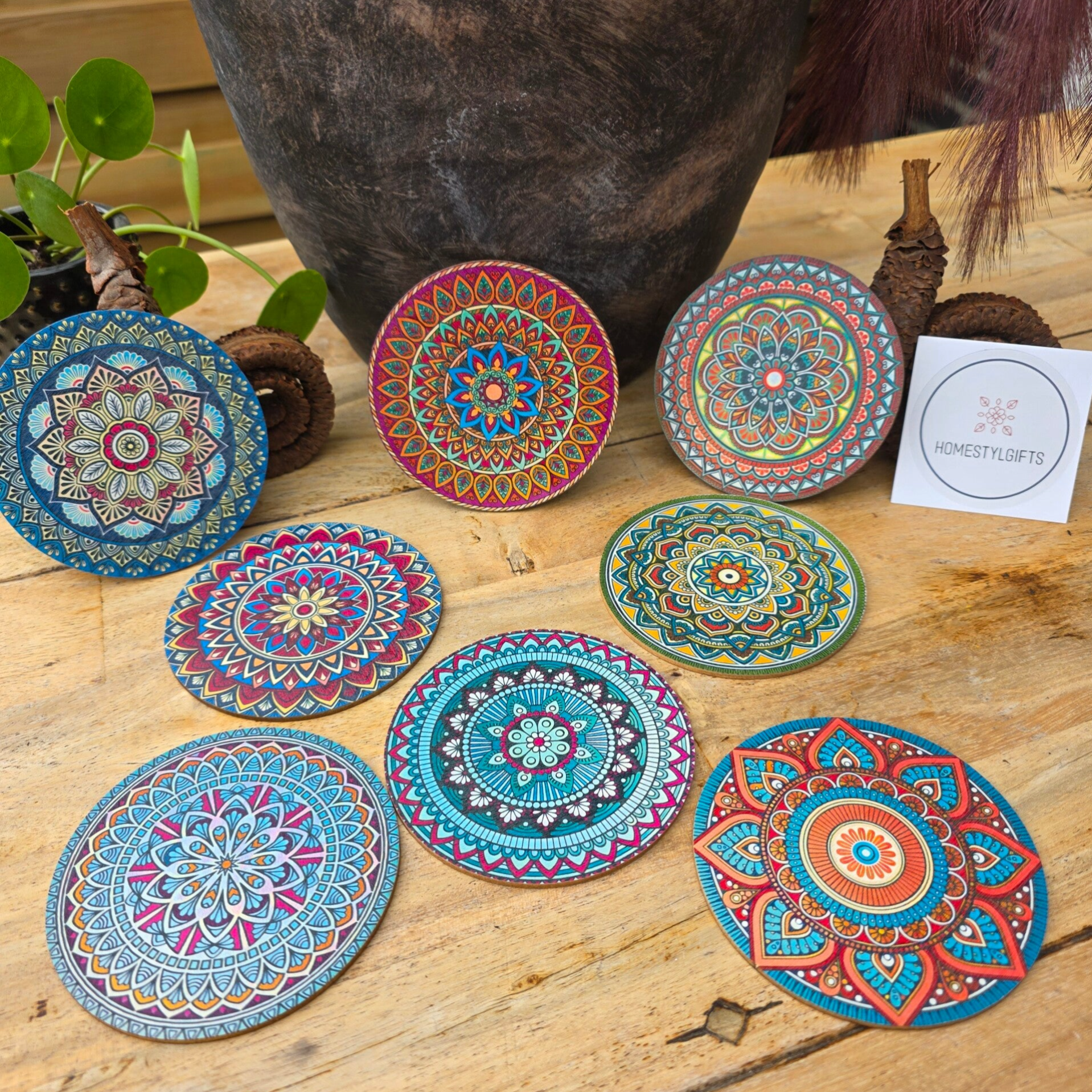 Houten mandala onderzetters kleur
