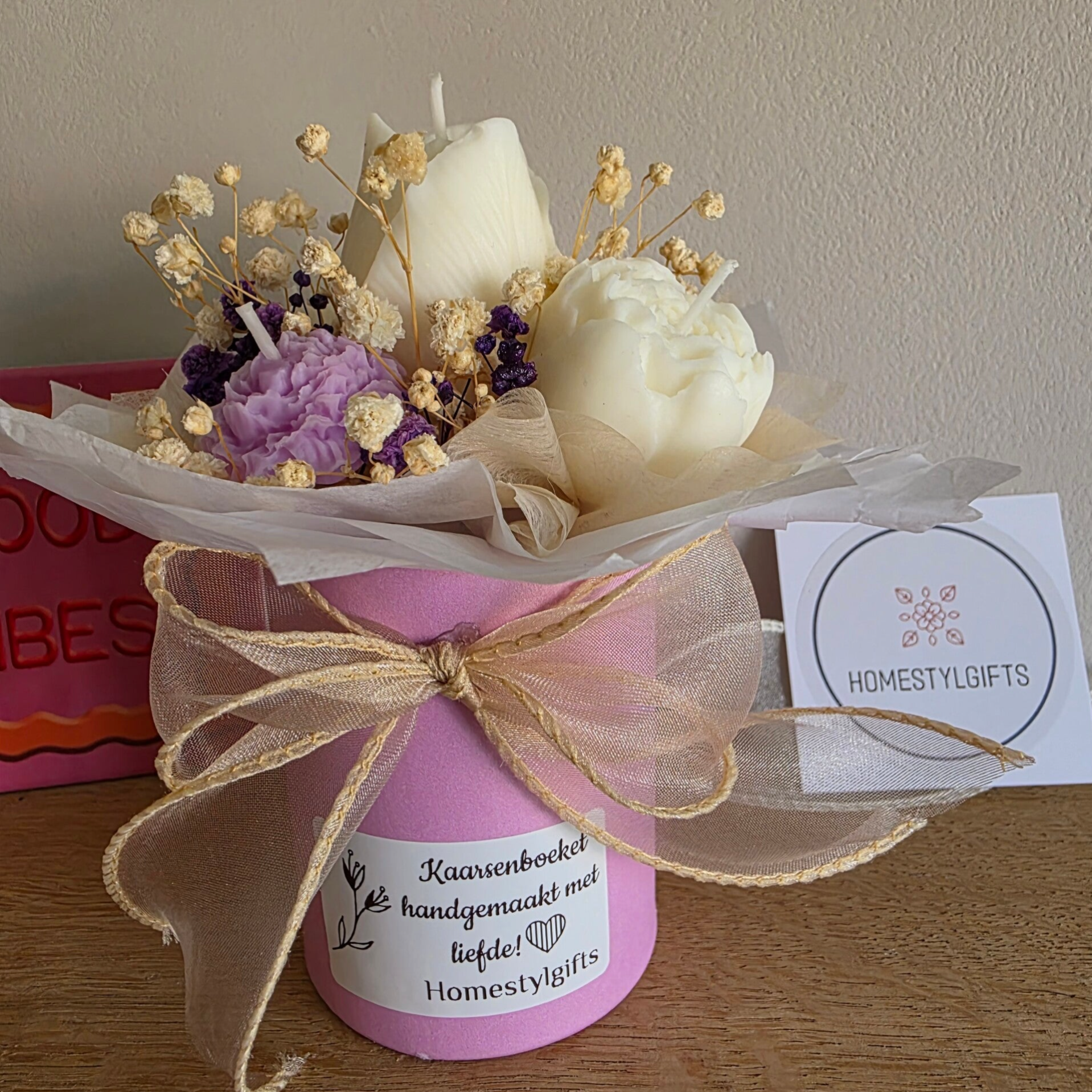 Kaarsen boeket klein, paars/roze/wit