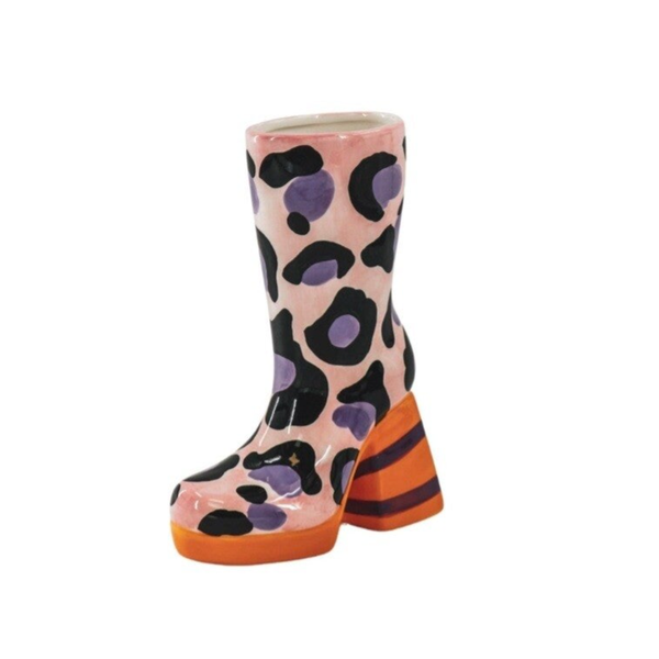 Bloemenvaas - Laars met Luipaardprint Vaas - Keramiek - Roze/Oranje - 18x8x24 cm