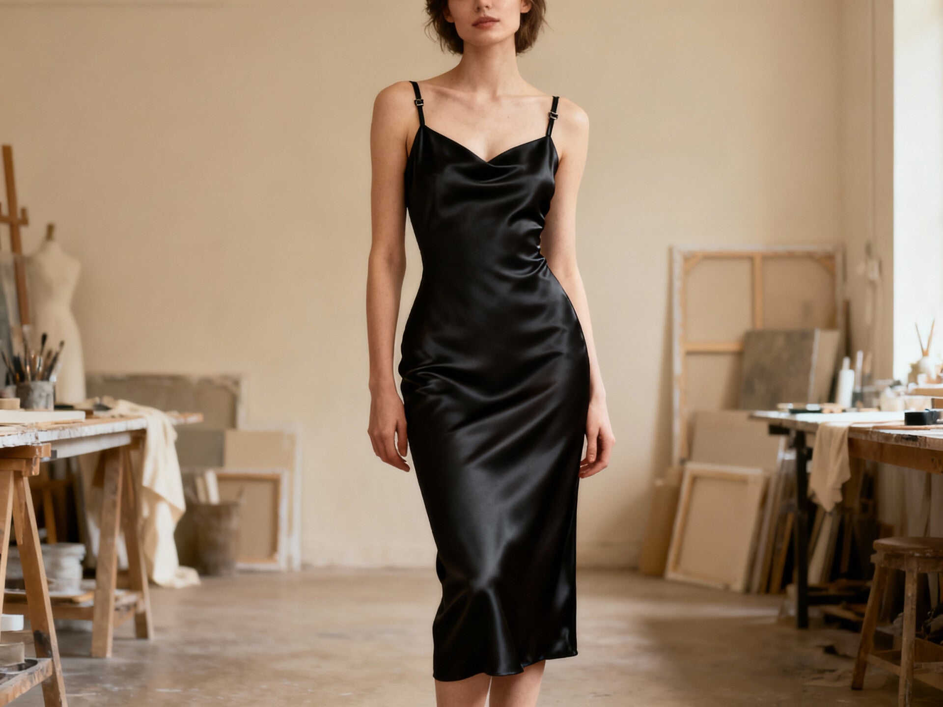 Black satin slip dress