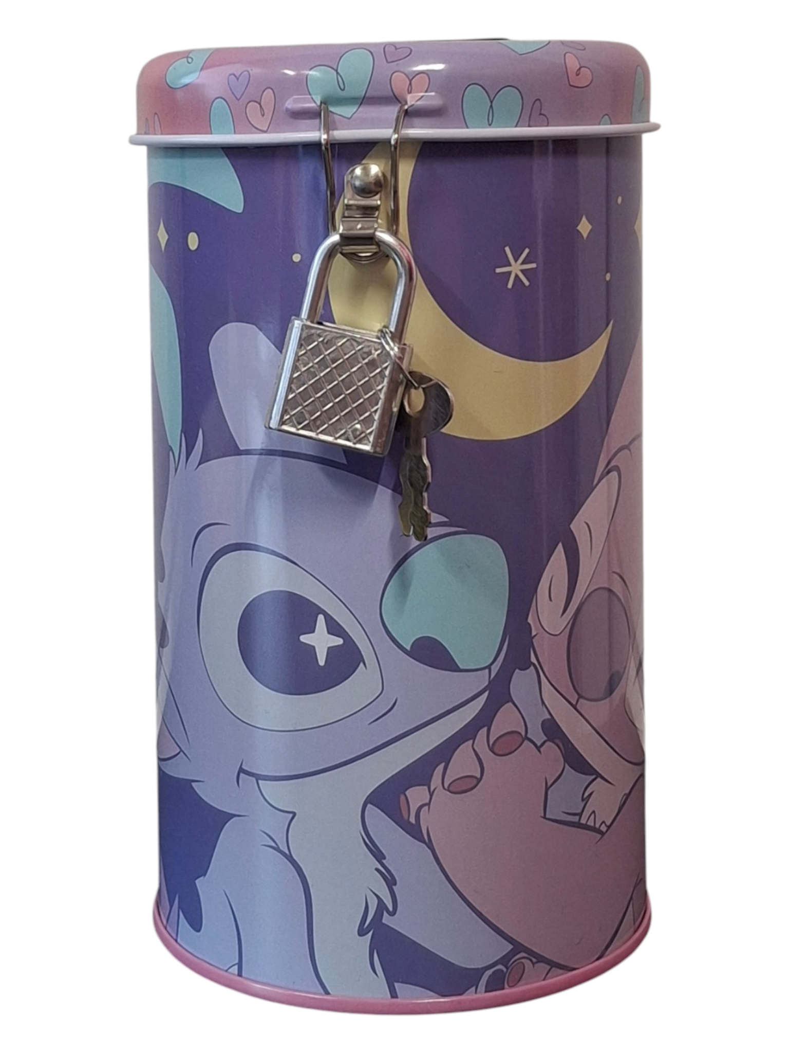 Spaarpot met slot voor kinderen cilindervormig – Disney Stitch & Angel Maanlicht Design