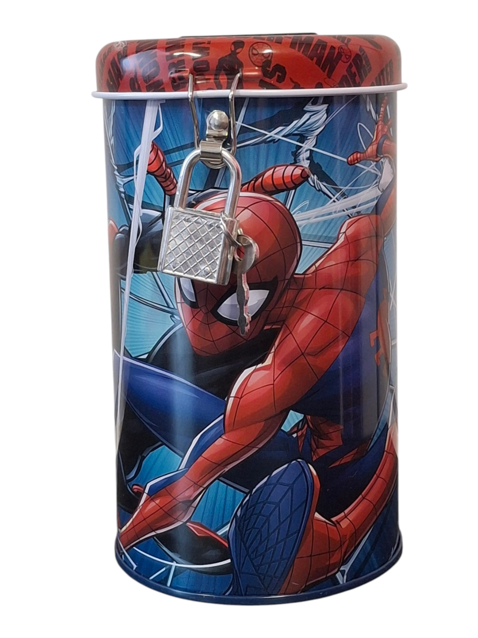 Spaarpot met slot voor kinderen cilindervormig – Marvel Spider-Man Spider-Verse Design