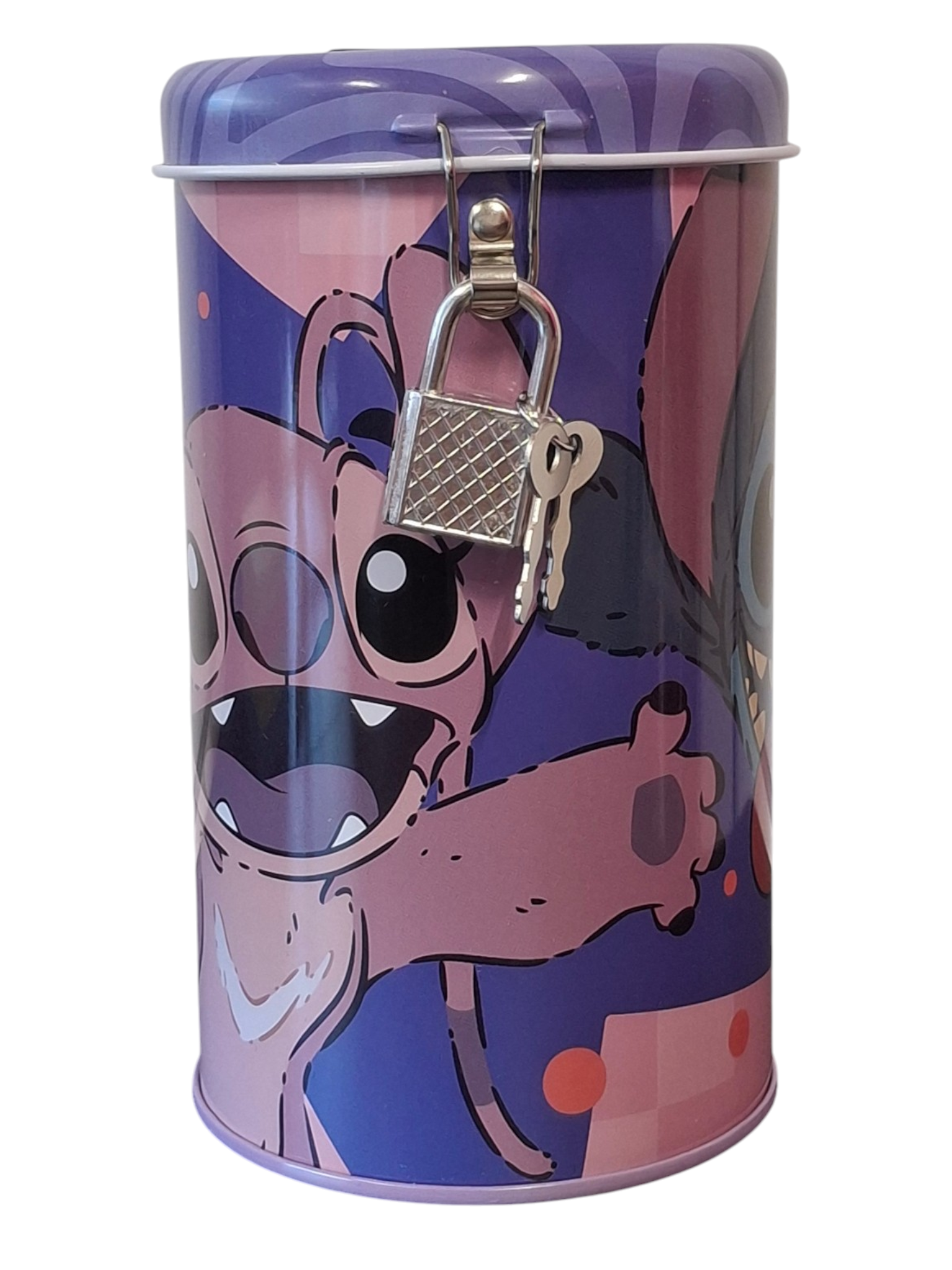 Spaarpot met slot voor kinderen cilindervormig – Disney Stitch & Angel Paars Design
