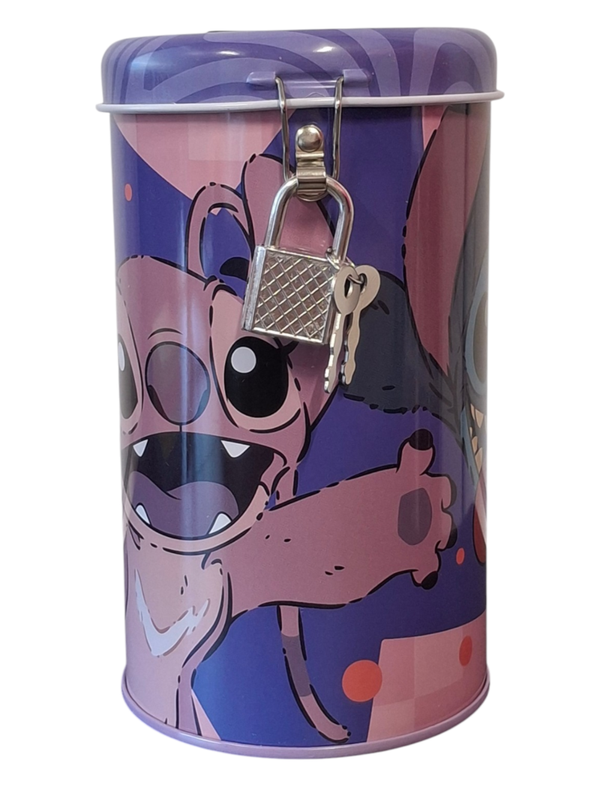 Spaarpot met slot voor kinderen cilindervormig – Disney Stitch & Angel Paars Design