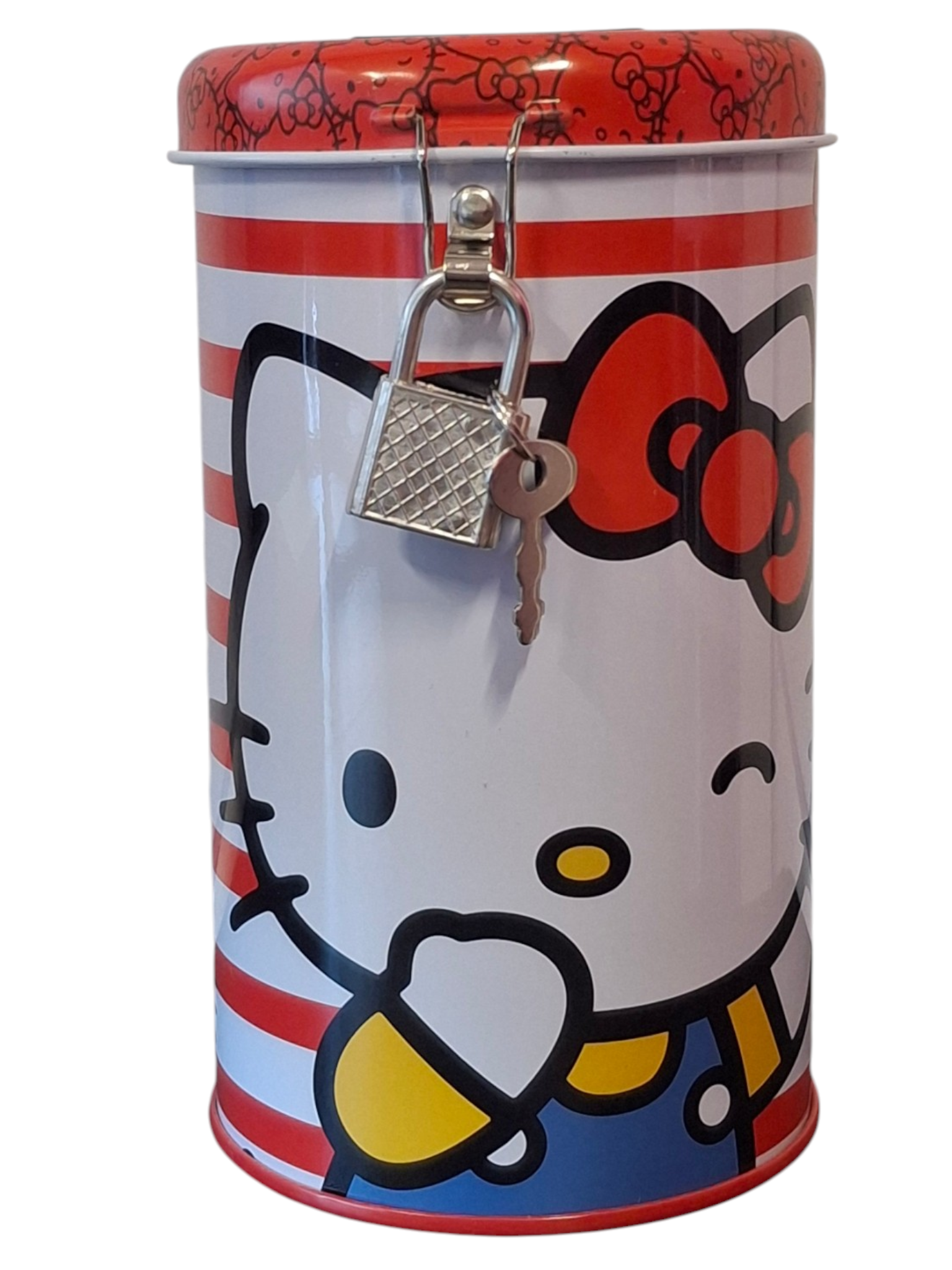 Spaarpot met slot voor kinderen cilindervormig – Hello Kitty Gestreept Design