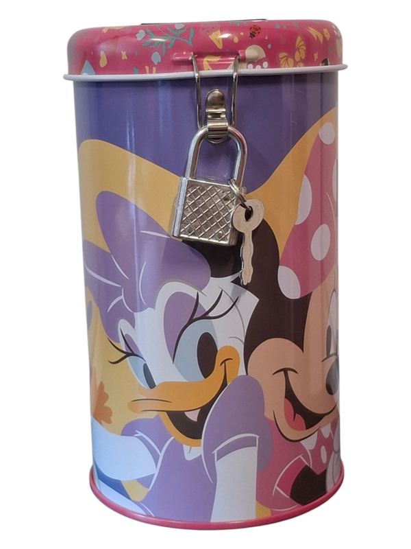 Spaarpot met slot voor kinderen cilindervormig – Minnie Mouse en Katrien Bloemen Design