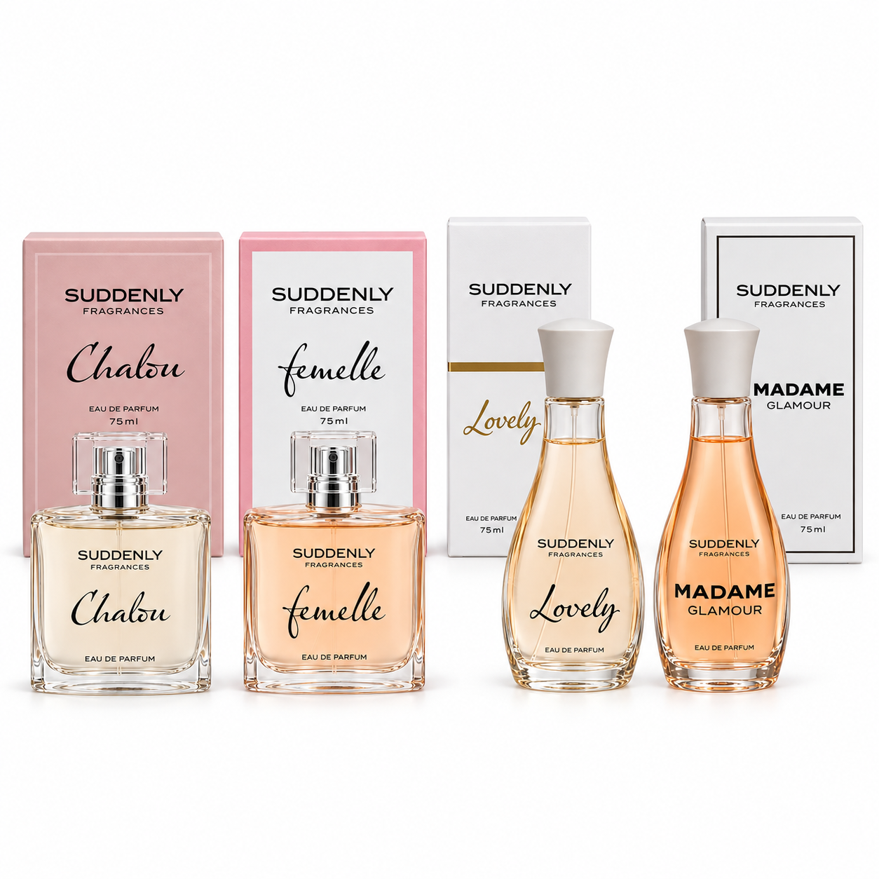 Suddenly Fragrances Voordeelset Eau de Parfum voor Dames 4 Geuren - CHALOU - FEMELLE - LOVELY - MADAME GLAMOUR