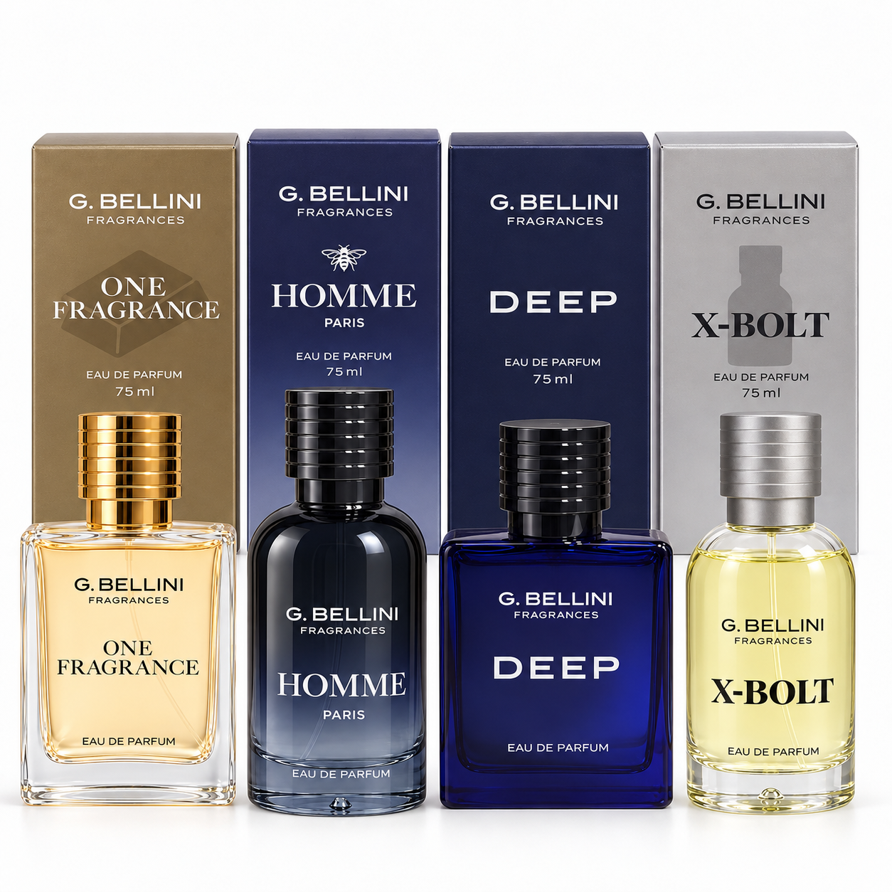 G. Bellini Voordeelset Parfum voor Heren 4 soorten - DEEP - ONE FRAGRANCE - HOMME PARIS - X-BOLT