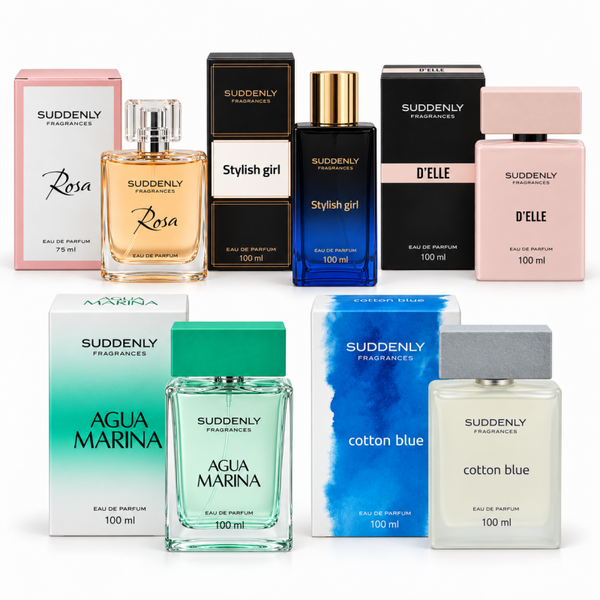 Suddenly Fragrances Voordeelset Eau de Parfum voor Dames 5 Geuren - Rosa - Stylish Girl - Agua Marina - Cotton Blue - D’Elle