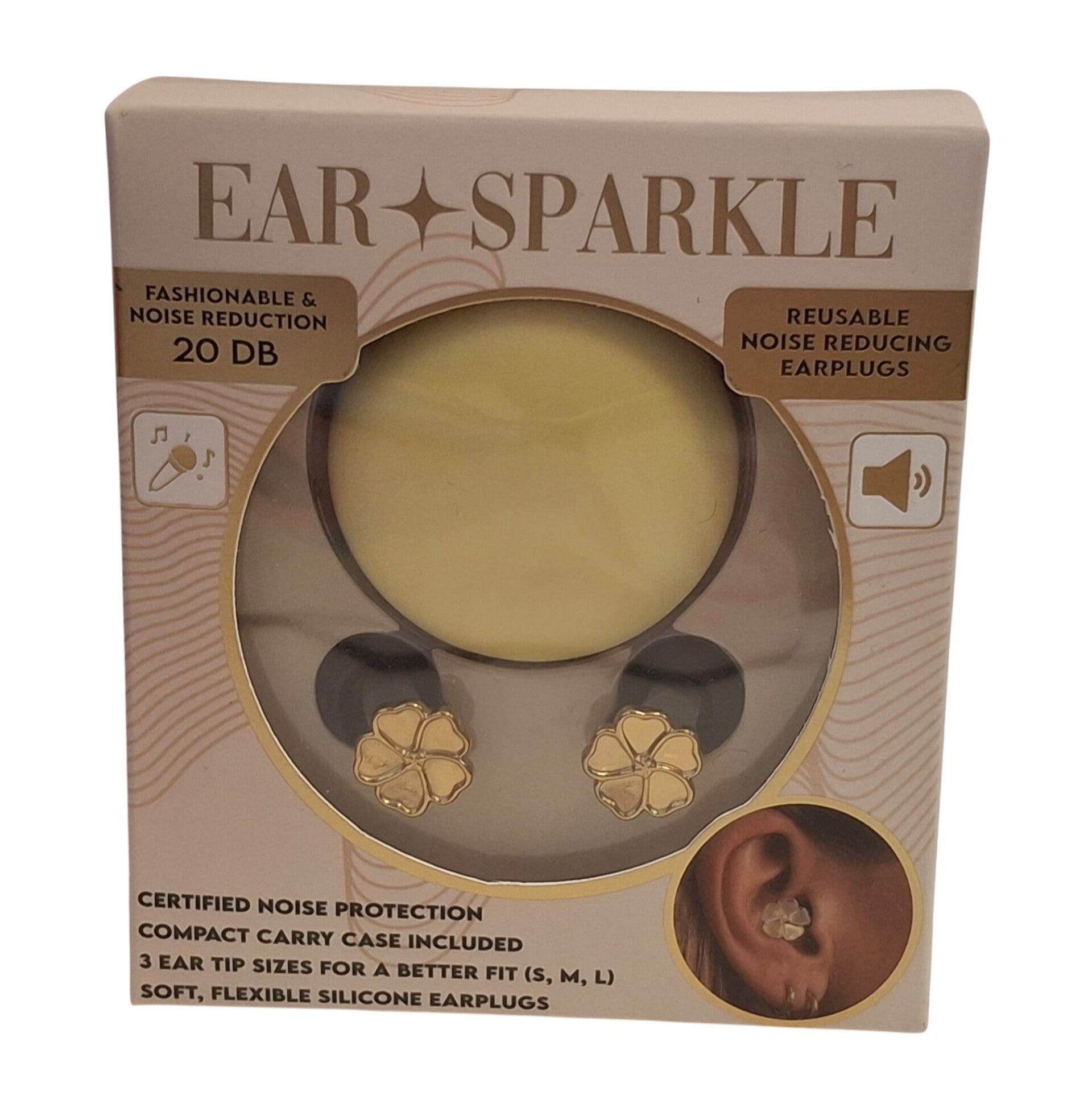 Ear Sparkle Herbruikbare Oordoppen 20 dB met Geel Opbergdoosje Klavertjevier Design S/M/L