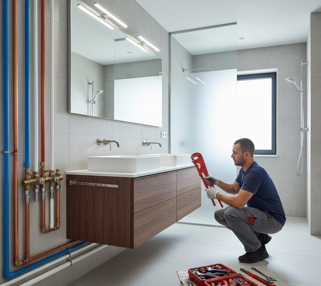 Idraulico installa impianto idraulico e mobile bagno sospeso