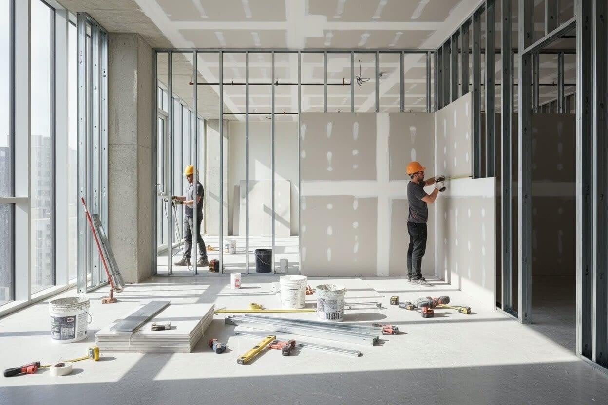Posa di pareti e controsoffitti in cartongesso in un cantiere