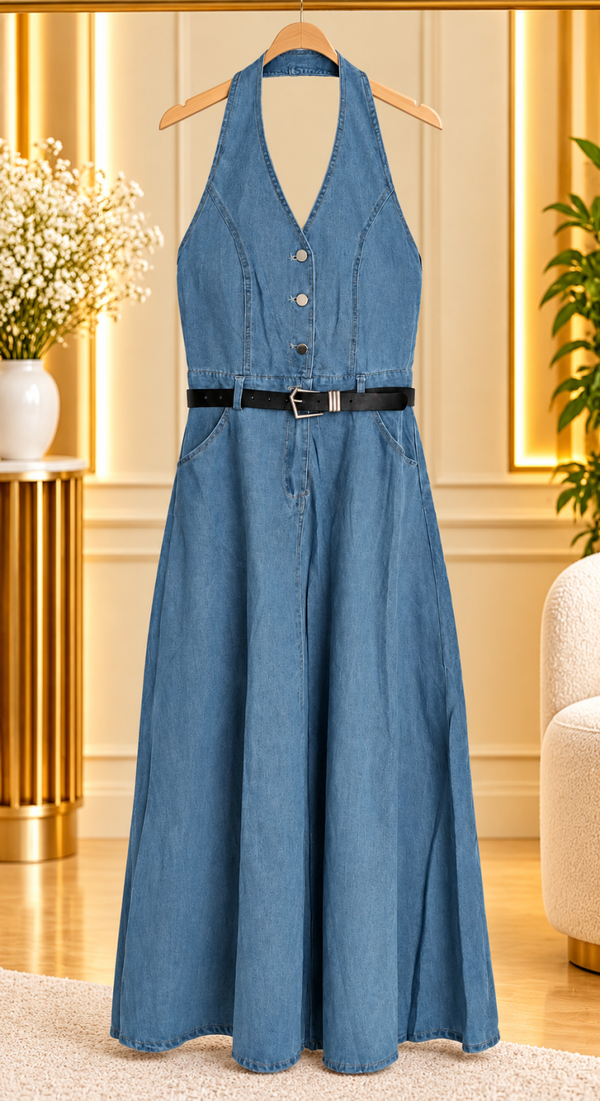 Robe longue en jean avec ceinture – Élégante & tendance