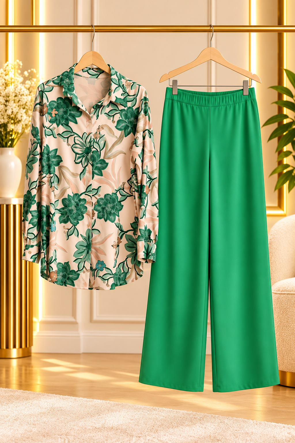 Ensemble chemise fleurie et pantalon vert