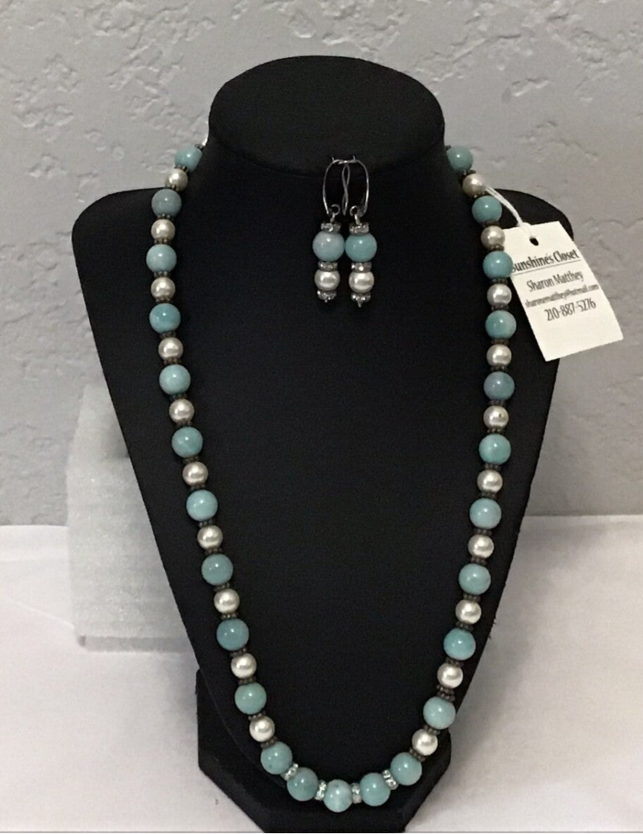 Tiffany Blue & Pearl Necklace with Earrings