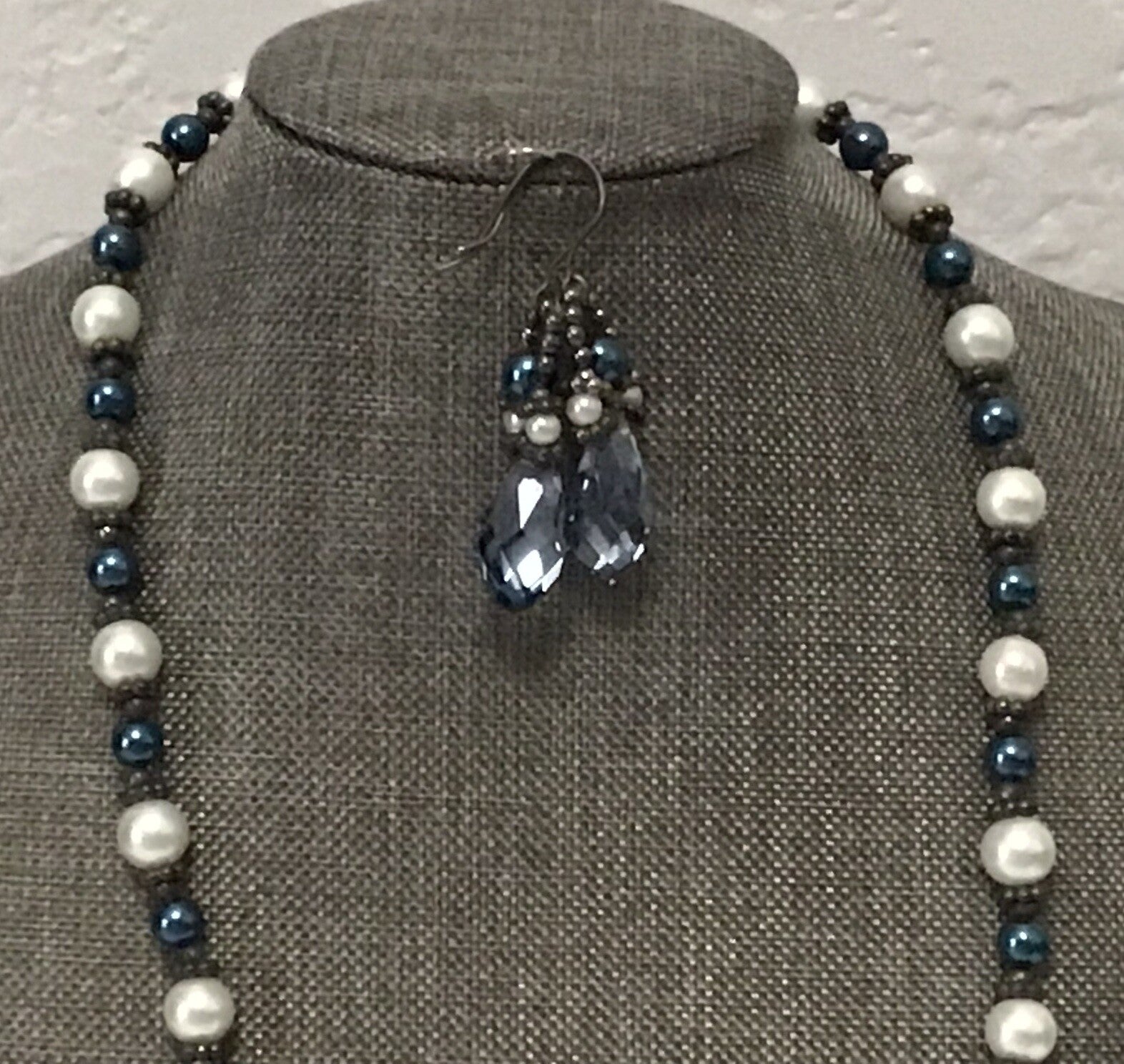 Blue & White Pearls w/ Crystal Earrings