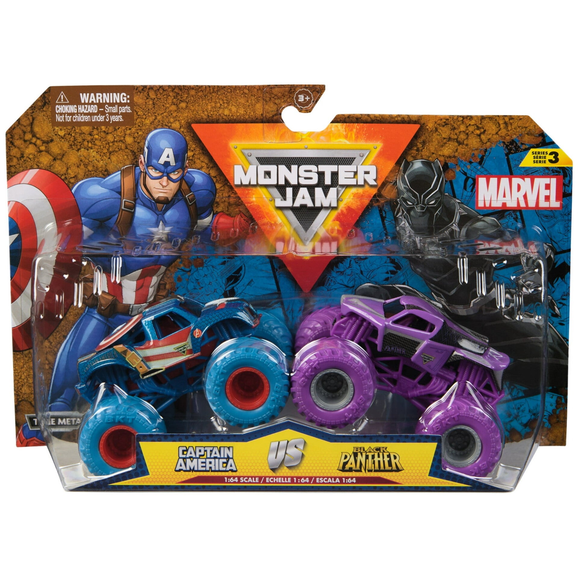Monster Jam 1:64 Die Cast Trucks 2 Pack Marvel - Captain America vs Black Panther