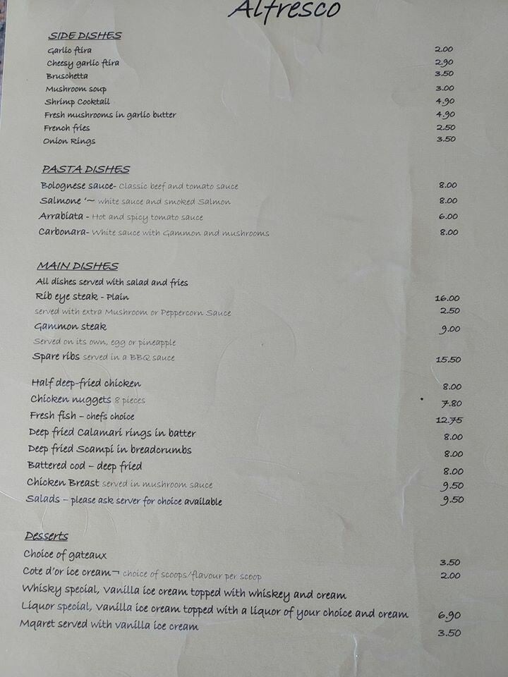 menu Alfresco Pizzeria