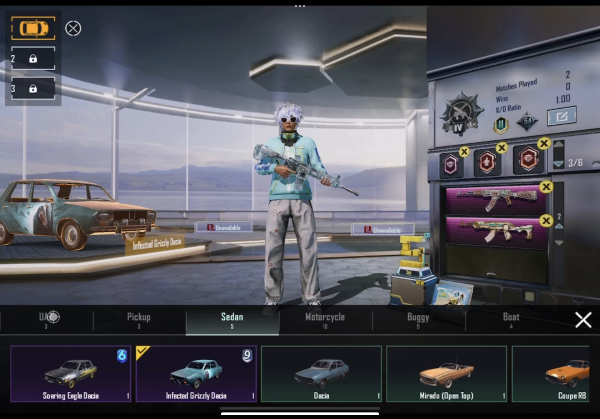 M416 Glacier lvl 5 , M762 Unicorn lvl 4, UMP Marin lvl 4, Scar-L Candy lvl 4