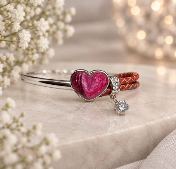 Stainless Steel & Leather Heart Memorial Bangle