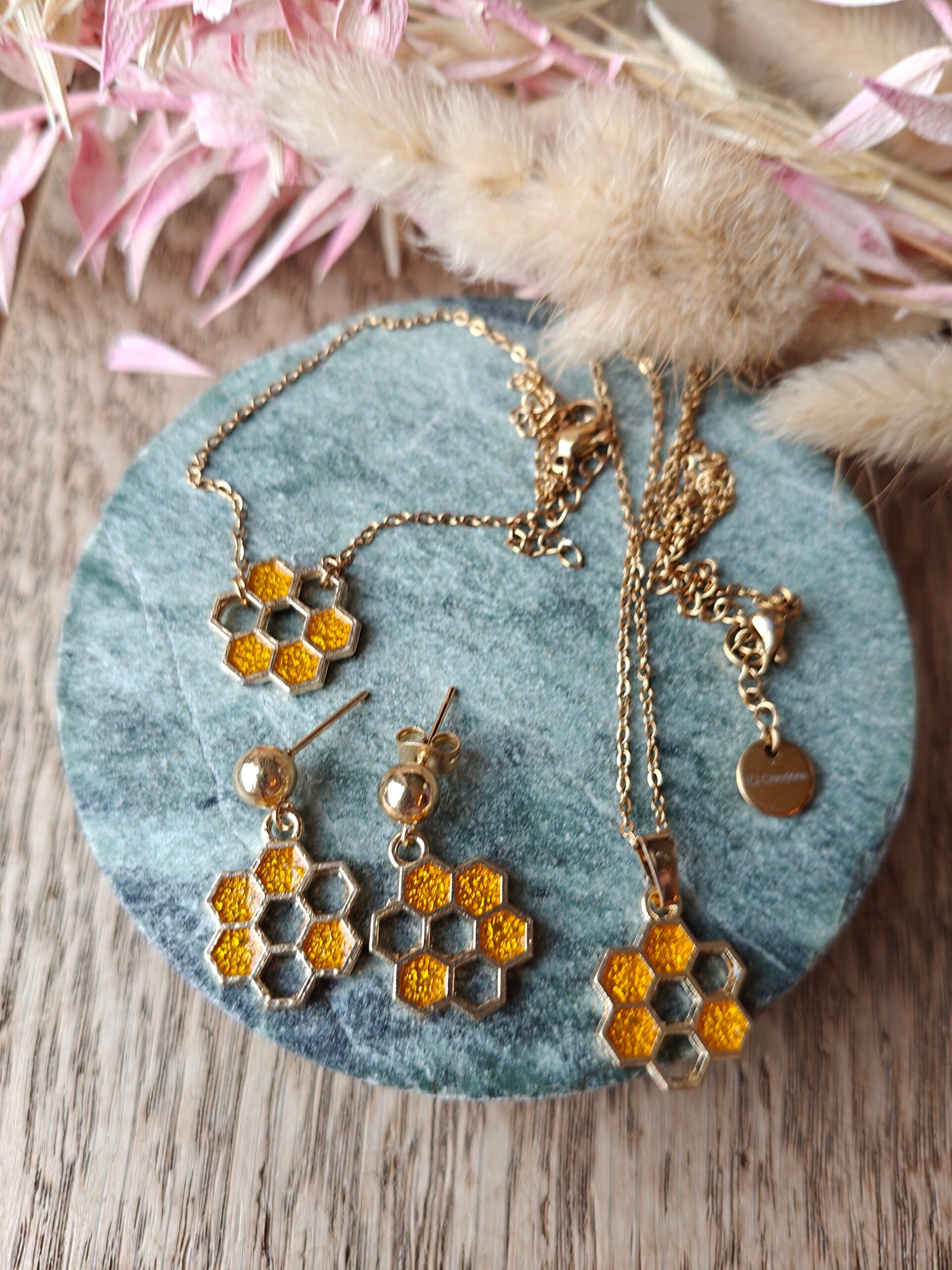 Juwelenset: geel juwelensetjes Honingstructuur/bloem - oorbel, armband en ketting