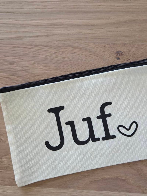 Wit katoenen make-up tasje met tekst Juf | Lief cadeau etui