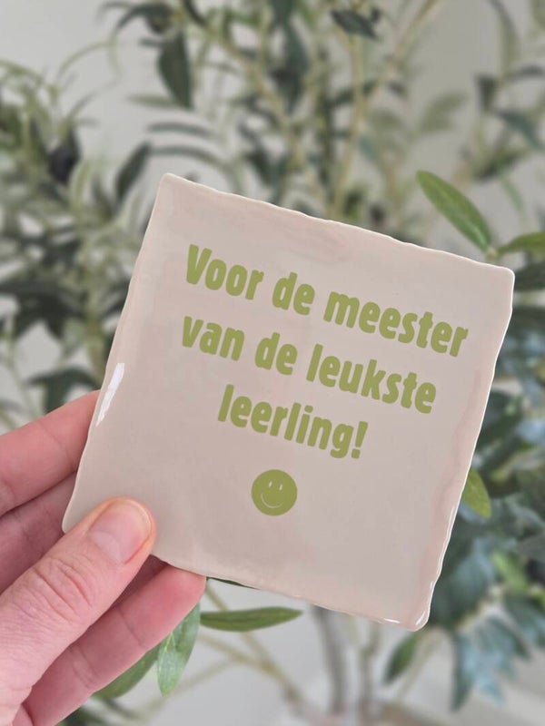 Keramieken Tegeltje "Voor de Meester van de Leukste Leerling Tegeltje" – Origineel Meestercadeau 10x10 cm