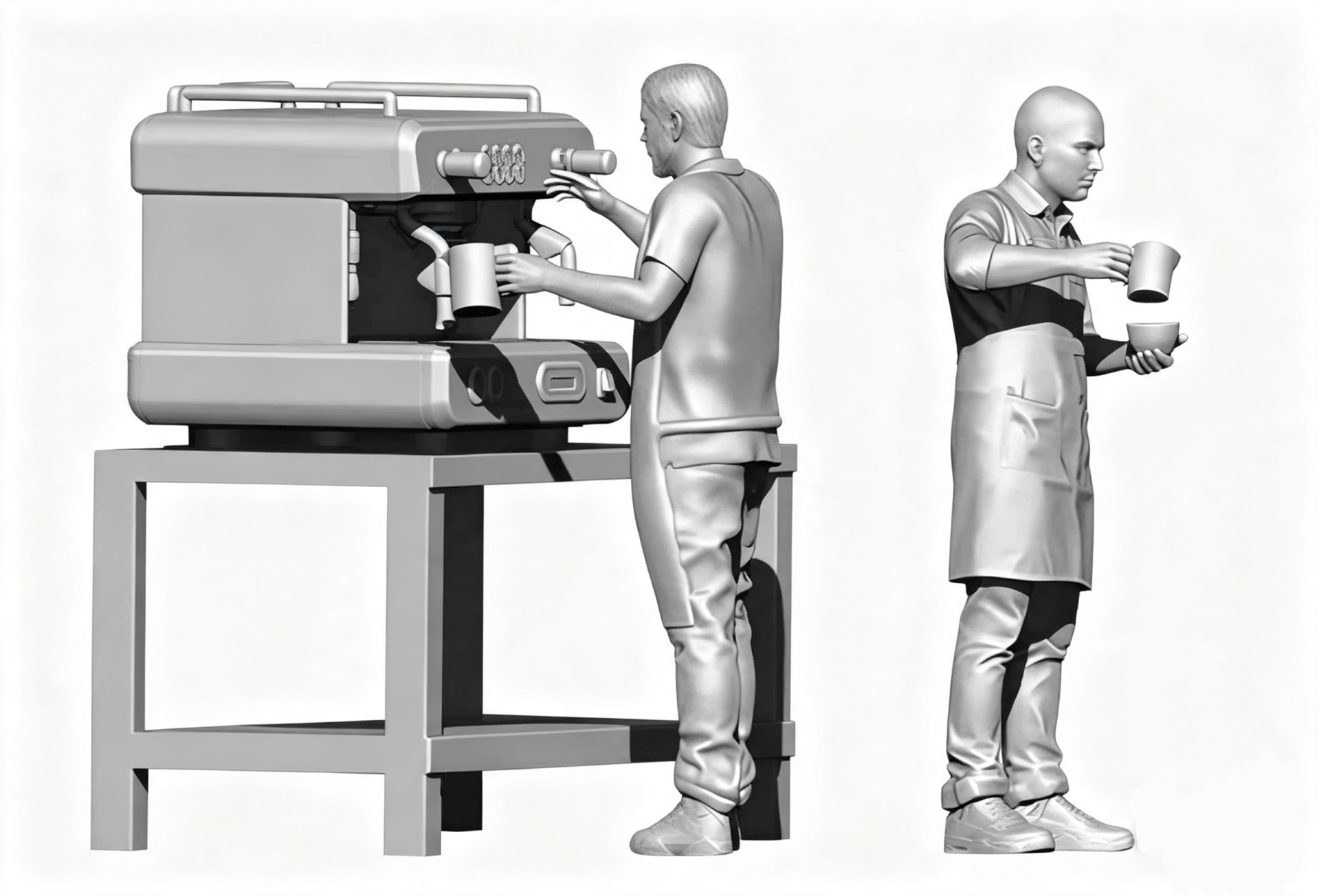 Barista with Coffee Machine on Stand & Assistant