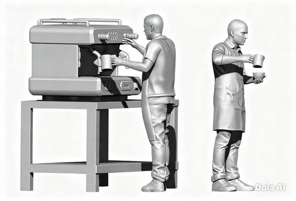 Barista with Coffee Machine on Stand & Assistant